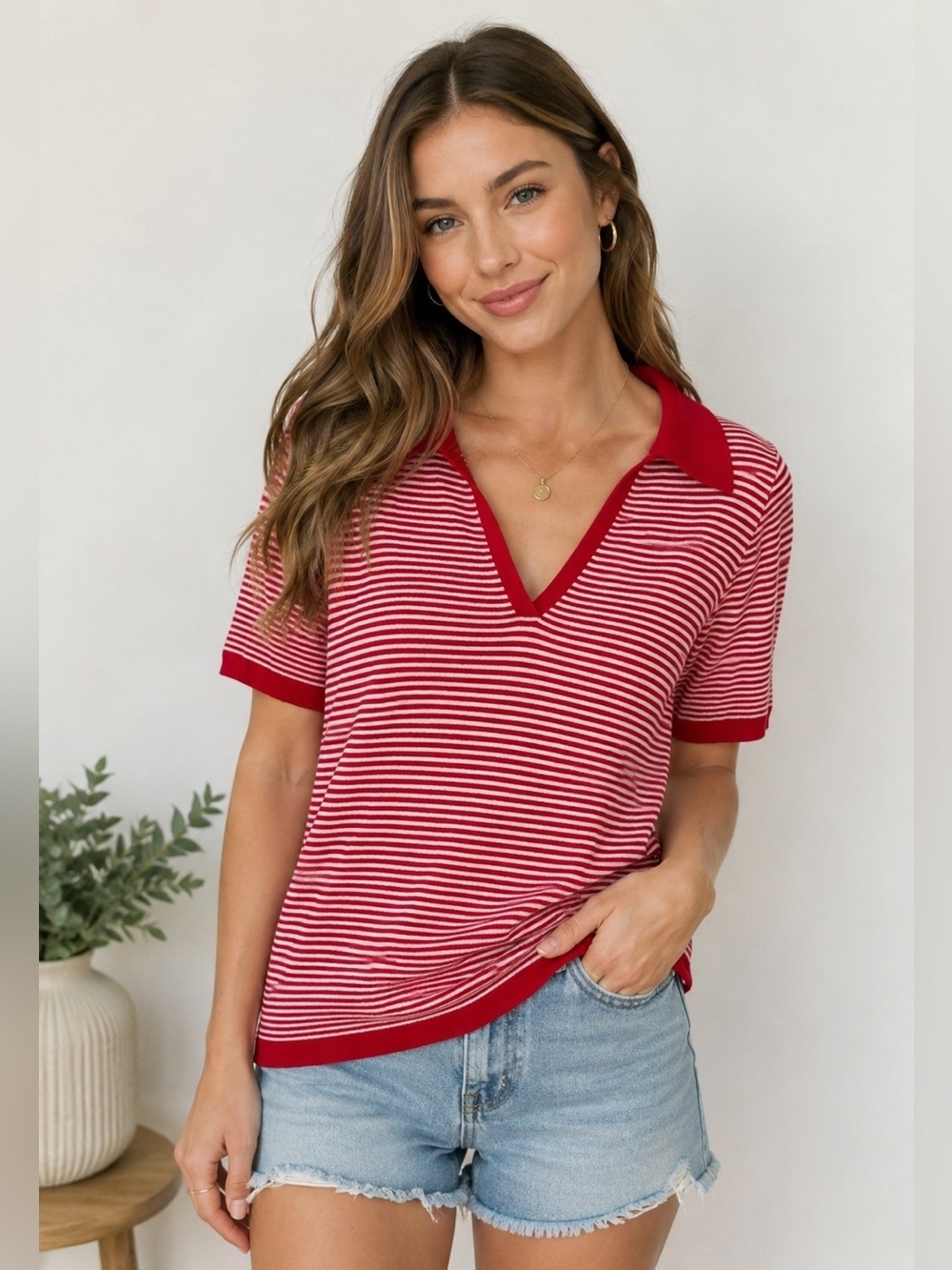 Philosophy Red White Striped Collared Knit Polo Sweater Top Size Small
